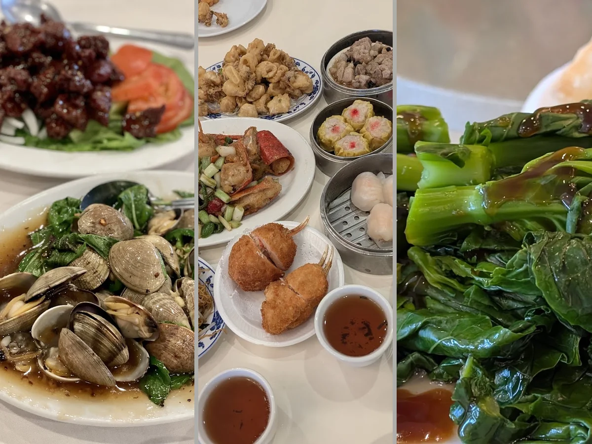 Chinese restaurant seating arranged for group meals.