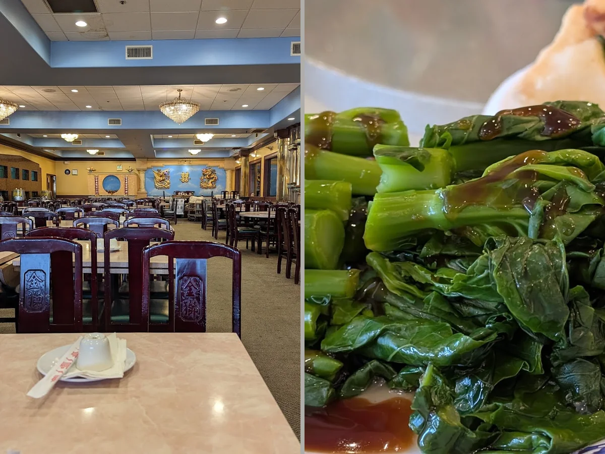 Chinese restaurant seating arranged for group meals.